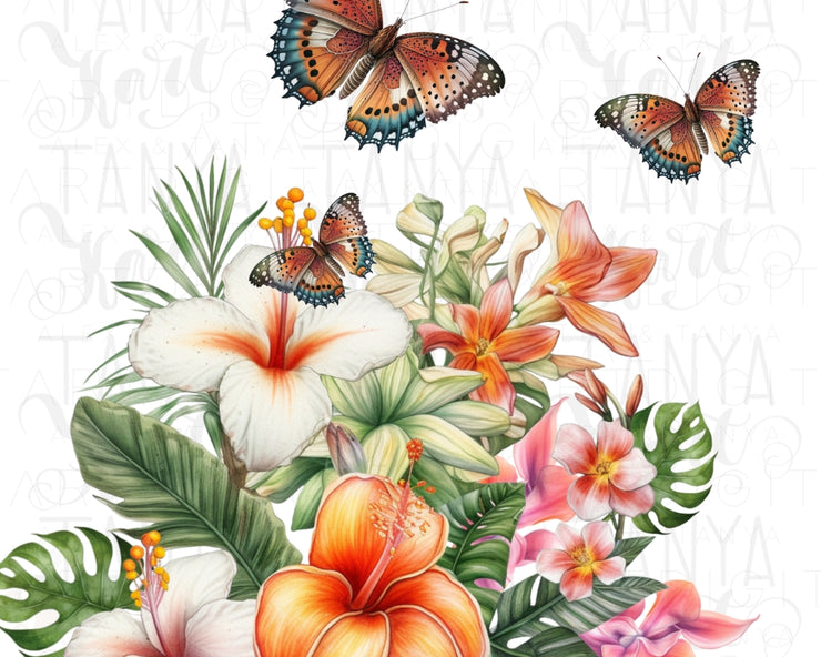 Tropical Flowers Png With Butterflies | PNG Digital Download