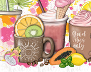 Summer Coffee Png Cups With Fruits, Sublimation Design