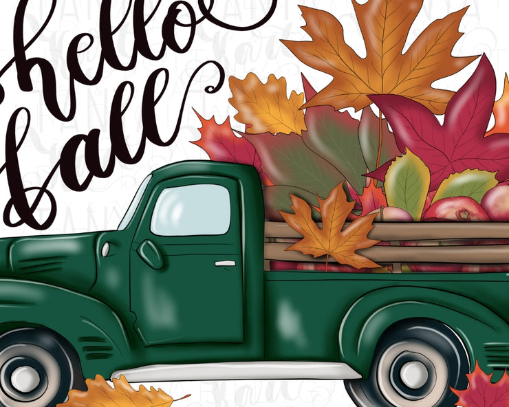 Hello Fall Truck Png Digital Download for Sublimation, Autumn Green Truck with Orange Leaves Digital Image