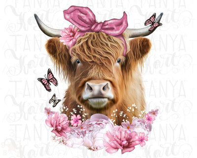 Cow With Pink Flowers Png For Sublimation