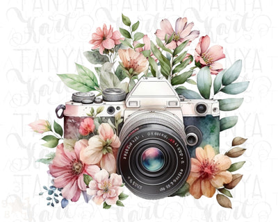 Floral Photo Camera With Pink Flowers Vintage Design Png Instant Download for Commercial Use