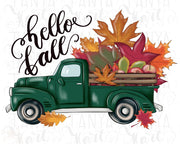 Hello Fall Truck Png Digital Download for Sublimation, Autumn Green Truck with Orange Leaves Digital Image