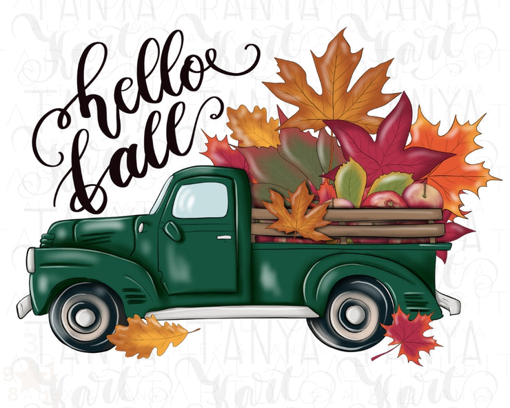 Hello Fall Truck Png Digital Download for Sublimation, Autumn Green Truck with Orange Leaves Digital Image