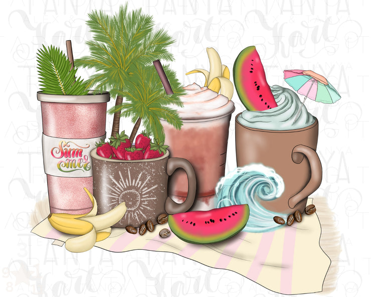 Summer Coffee Png Cups With Watermelon, Sublimation Design