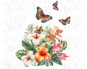 Tropical Flowers Png With Butterflies | PNG Digital Download