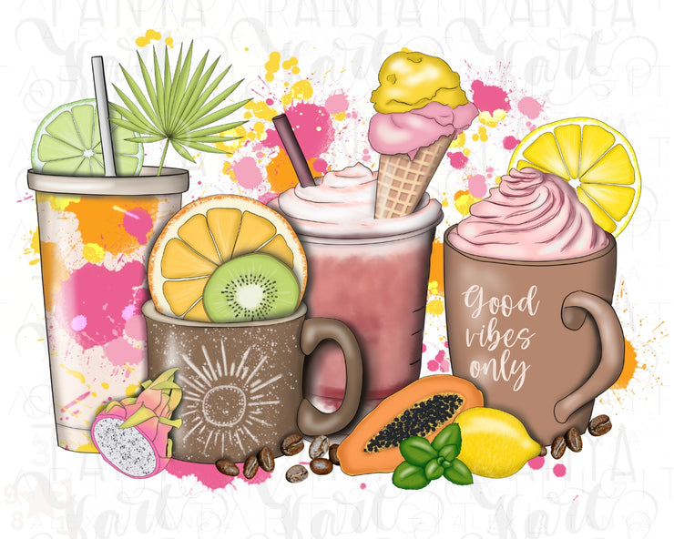 Summer Coffee Png Cups With Fruits, Sublimation Design