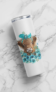 Western Highland Cow With Turquoise Flowers