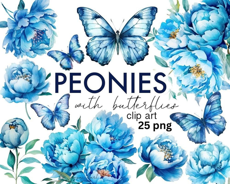 Watercolor Blue Peony and Butterfly PNG Clipart