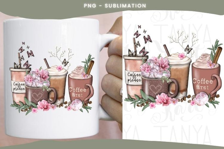 Coffee And Flowers | Butterfly Graphics | Hand Drawn Png