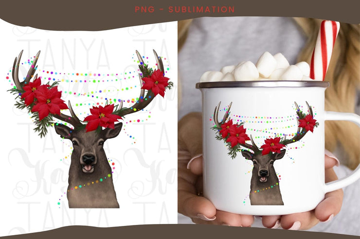 Christmas Deer | Png Sublimation | Red Flowers | Xmas Seasonal Graphic