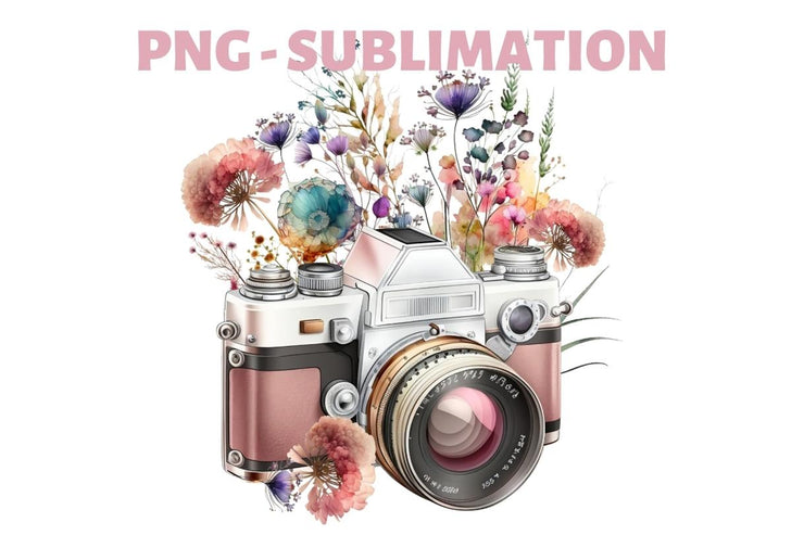 Camera Illustration With Wildflowers Vintage Design Png