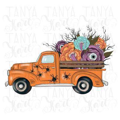 Halloween Flowers Illustration Fall Old Truck Sublimation
