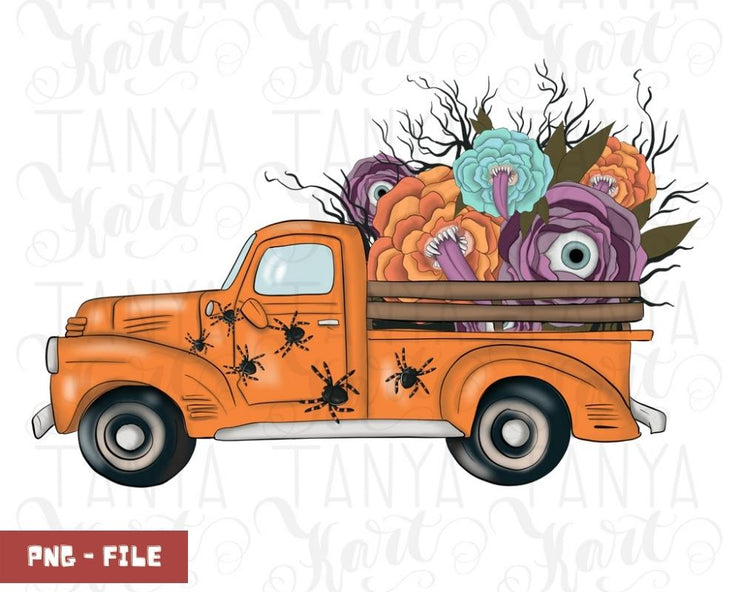 Halloween Flowers Illustration Fall Old Truck Sublimation
