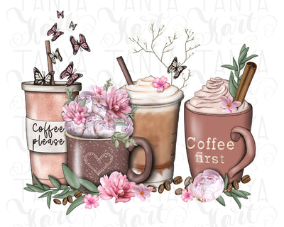 Coffee And Flowers | Butterfly Graphics | Hand Drawn Png