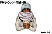 Winter African American Girl With Coffee | Png Sublimation