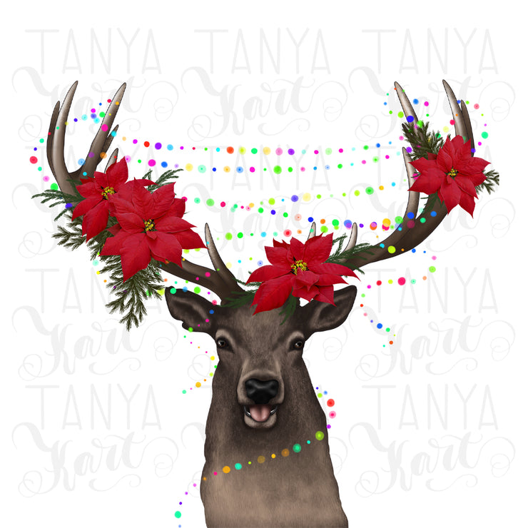 Christmas Deer | Png Sublimation | Red Flowers | Xmas Seasonal Graphic