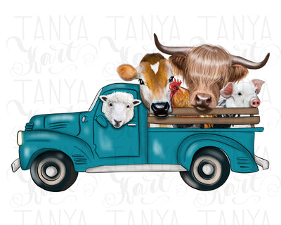 Farm Animals | Sublimation Png | Hand Drawn | Turquoise Truck
