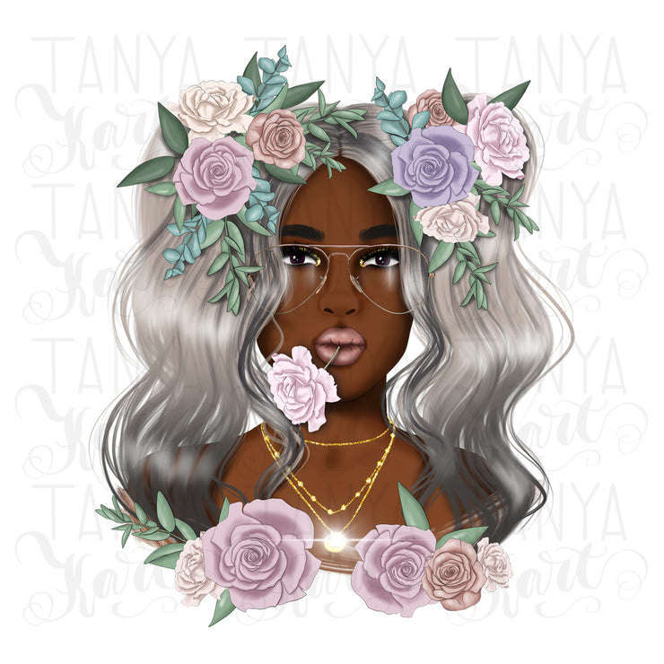 Floral Girl Pony Tails Dark Skin Png Sublimation