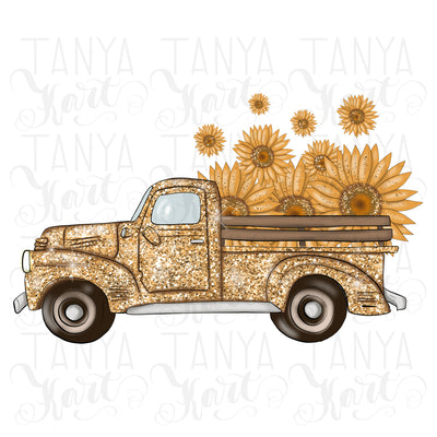 Gold Truck With Sunflowers | Png File | For Sublimation