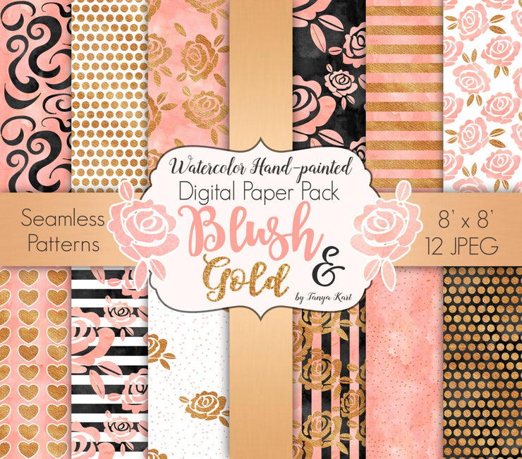 Watercolor Gold And Blush Digital Paper Pack