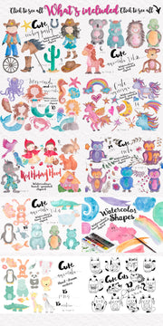 Watercolor Bundle Cute Animals Hand-Painted Illustrations Sale