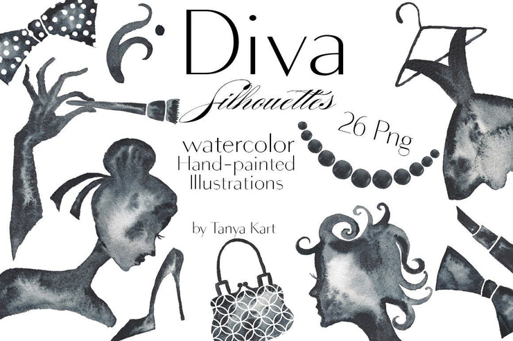 Diva Silhouettes Watercolor Hand-Painted Illustrations