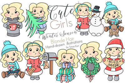 Cute Blonde Hair Girls Winter Season Clipart