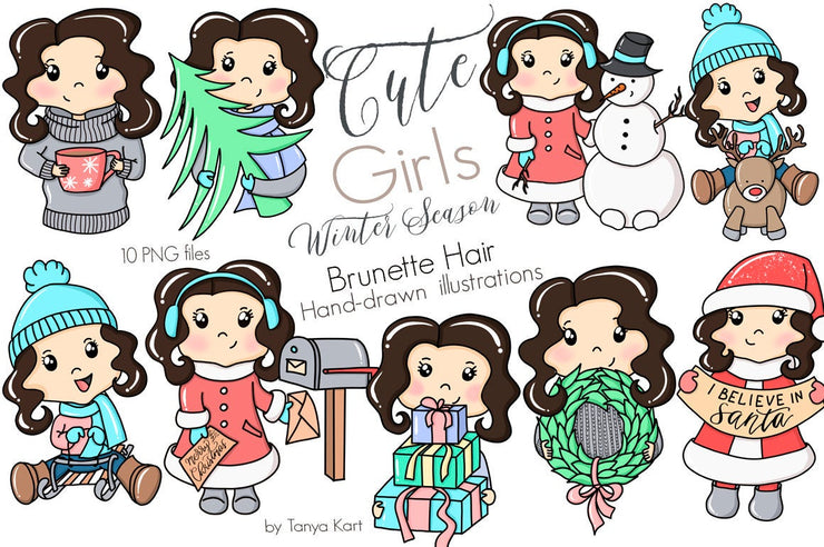 CUTE BRUNETTE HAIR GIRLS WINTER SEASON CLIPART