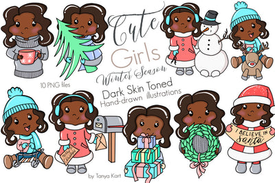Cute Dark Skin Toned Girls Winter Season Clipart