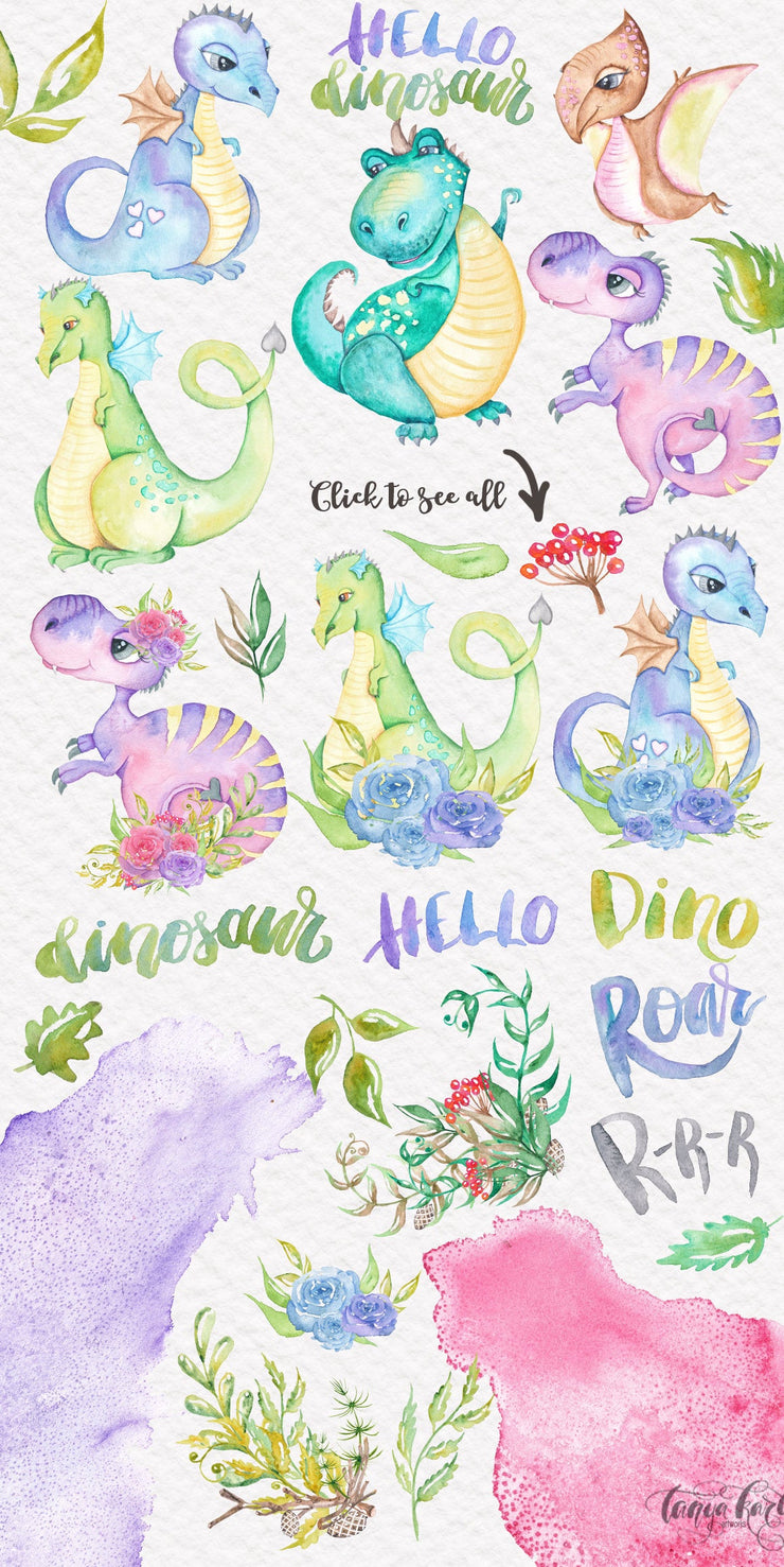 Hello Dinosaur Hand Painted Watercolor Collection