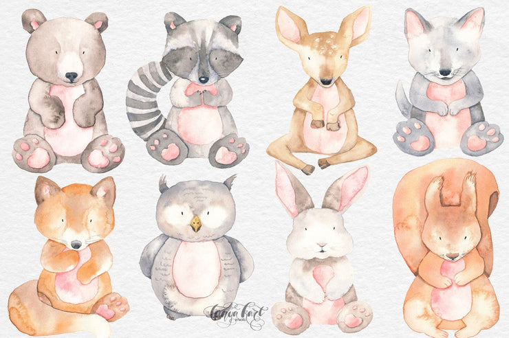 Watercolor Animal Clipart & Flowers