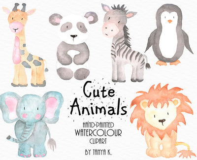 Cute Watercolor Animals Hand-Painted Clipart