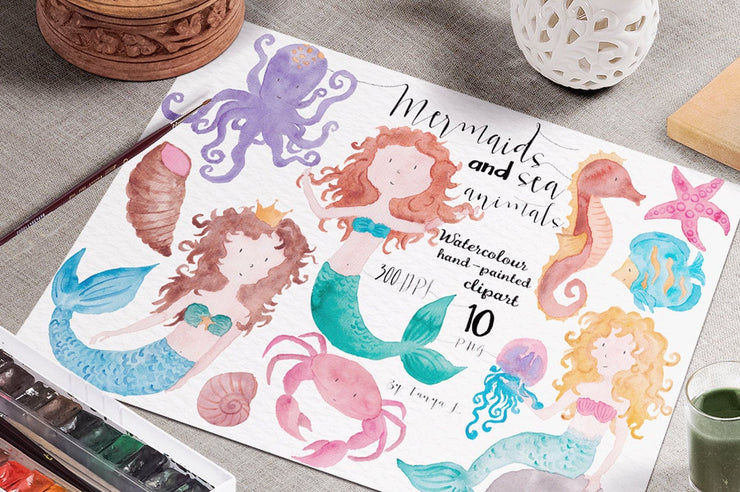 Watercolor Mermaids And Sea Animals Clipart