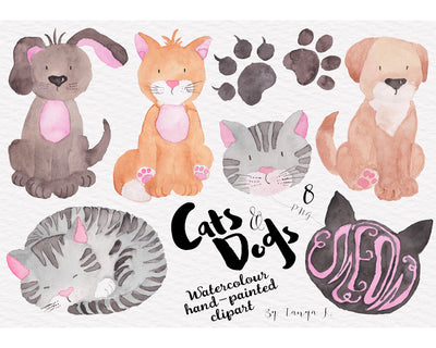 Cats And Dogs Watercolor Hand Painted Clipart