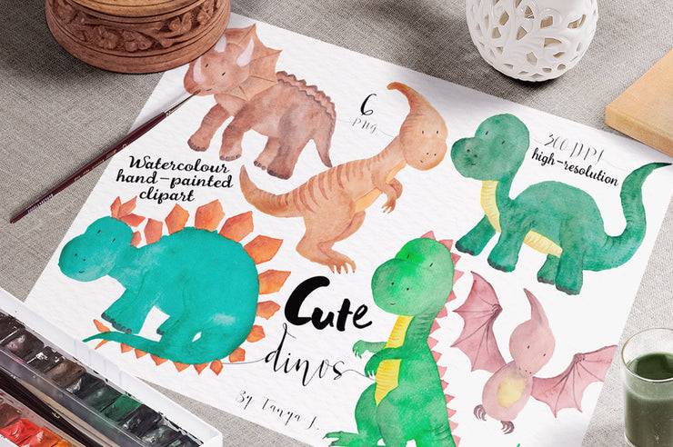 Cute Dinosaurs Watercolor Hand-Painted Clipart