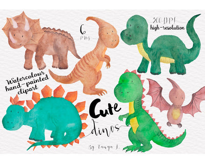 Cute Dinosaurs Watercolor Hand-Painted Clipart