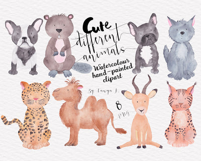 Cute Watercolor Different Animals Clipart