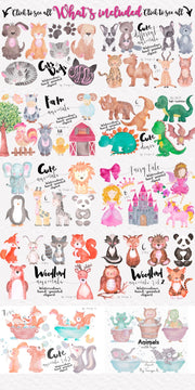 Watercolor Bundle Cute Animals Hand-Painted Illustrations Sale