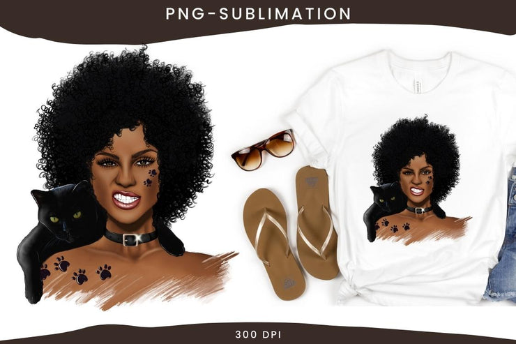 Girl With Black Cat | Sublimation PNG | Afro Woman