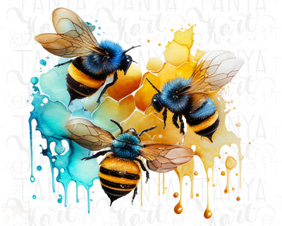 Three Blue Bees | Graphic Illustration | Watercolor Bee