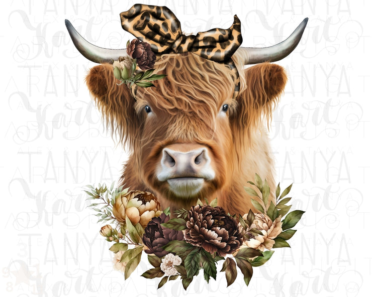 Highland Cow Png | Cow With Flowers Png | Sublimation File