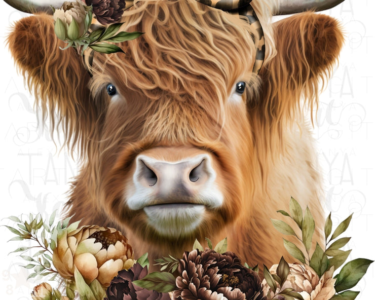 Highland Cow Png | Cow With Flowers Png | Sublimation File