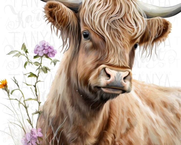 Highland Cow With Flowers Clip Art