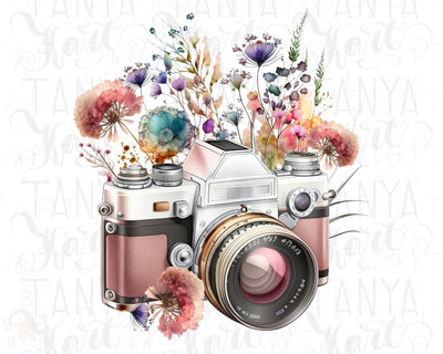 Camera Illustration With Wildflowers Vintage Design Png