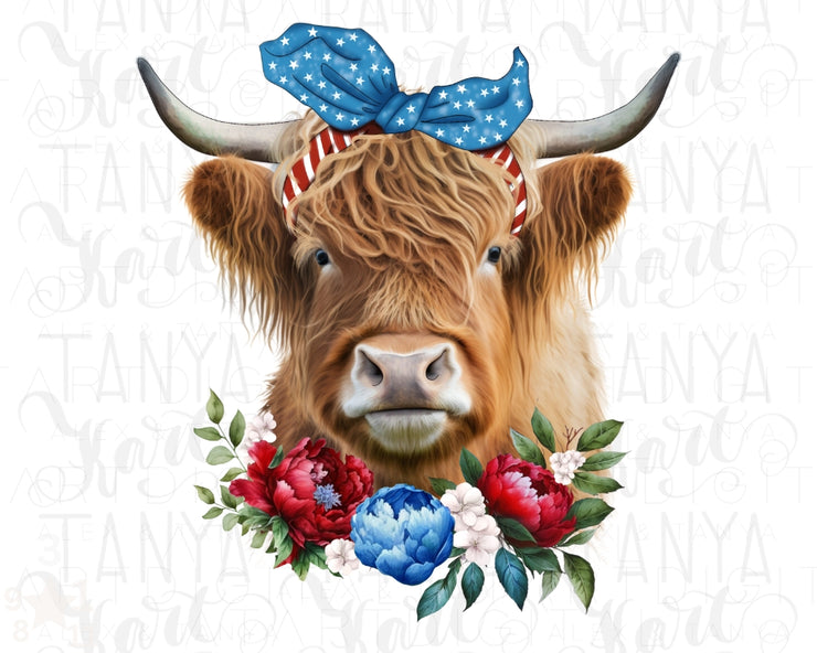 Highland Cow Png | 4Th Of July Png | Cow With Flowers Png