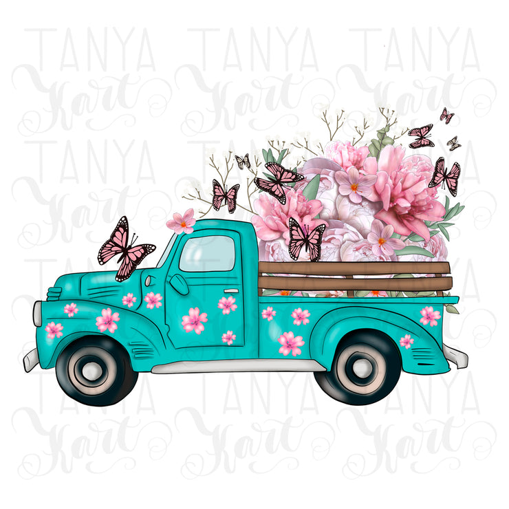 Sublimation Design | Turquoise Truck | Floral Art
