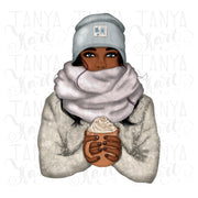 Winter African American Girl With Coffee | Png Sublimation