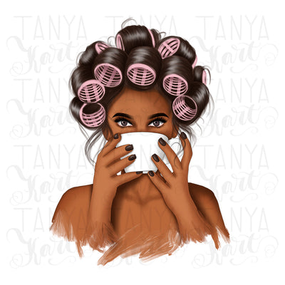 Woman With Curlers | Coffee Png | Afro Woman Sublimation